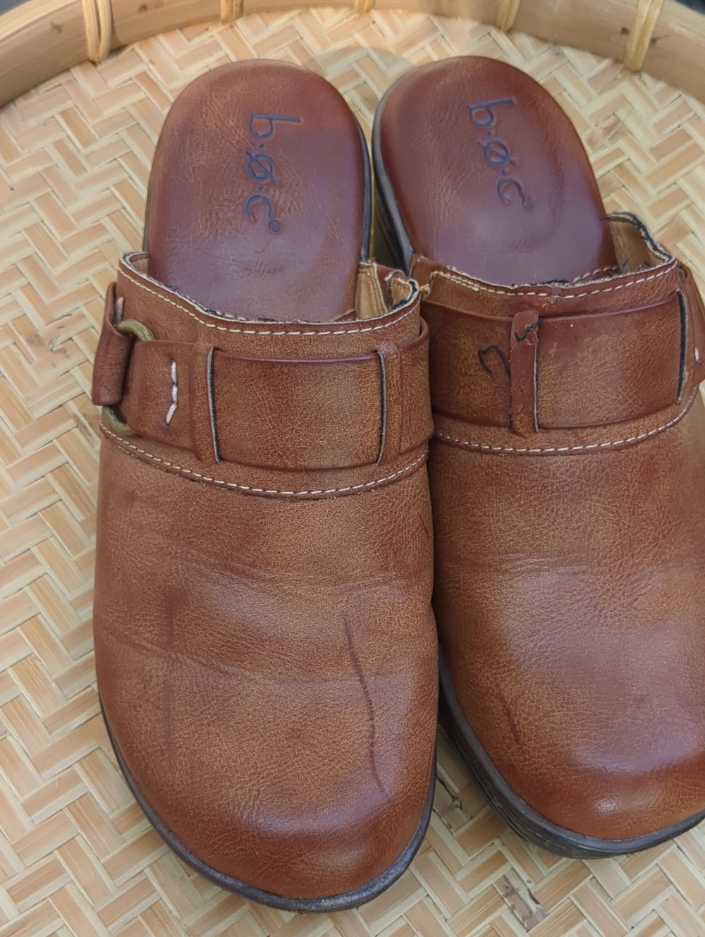 b.o.c. Brown Leather Slip-On Clogs with Buckle Accent